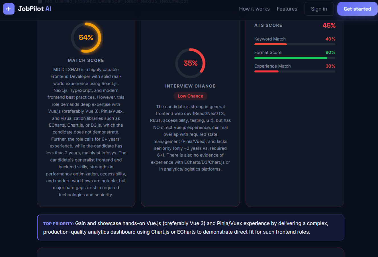 JobPilot job matching interface